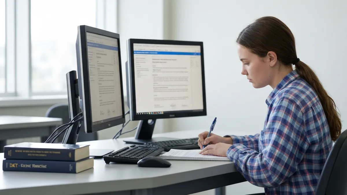 Student sitting at a DMV computer terminal completing a written knowledge test for their driver's permit