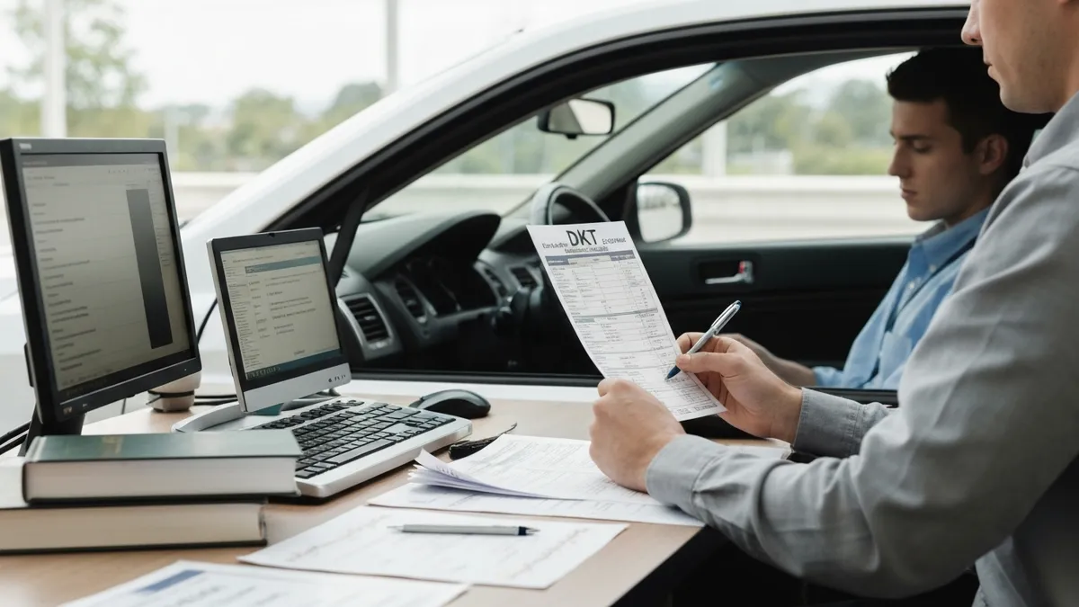 Driving examiner reviewing road test score sheet with a new driver sitting in a car in a DMV parking lot