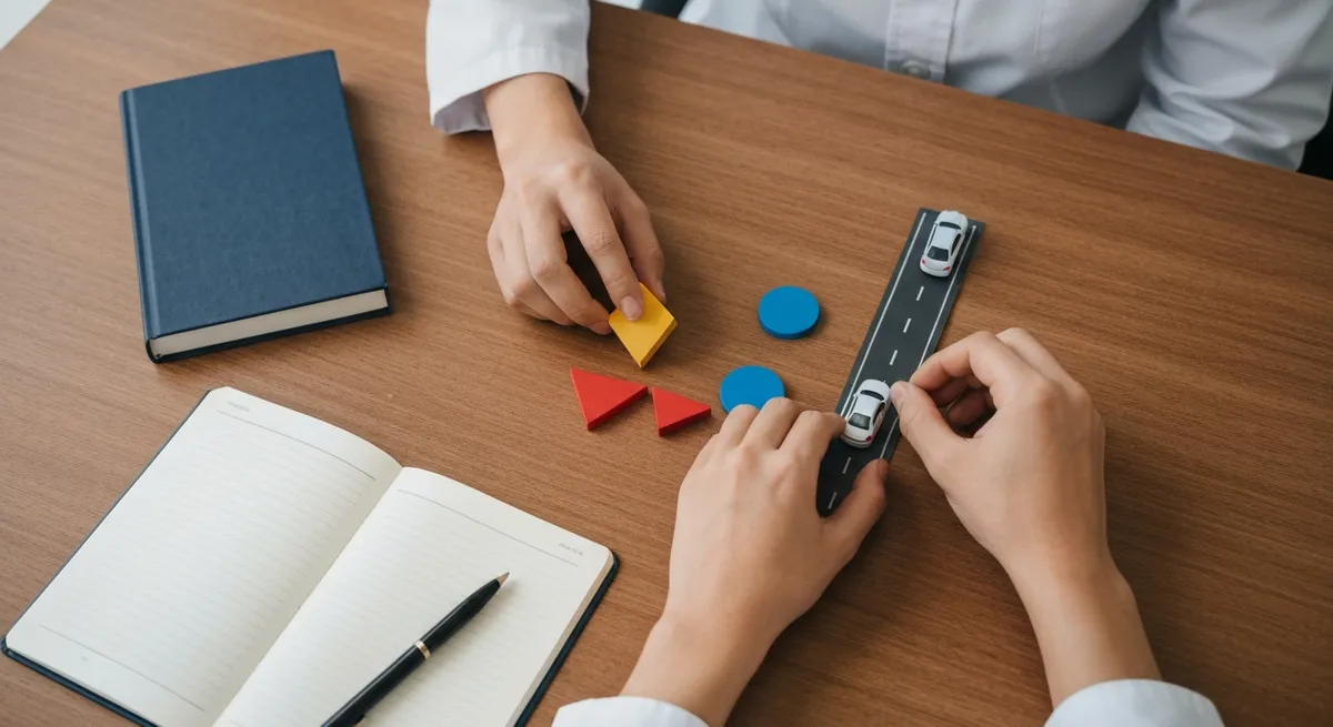 A person studying for a driver knowledge test using miniature, symbol-less road sign shapes and a model car on a desk.