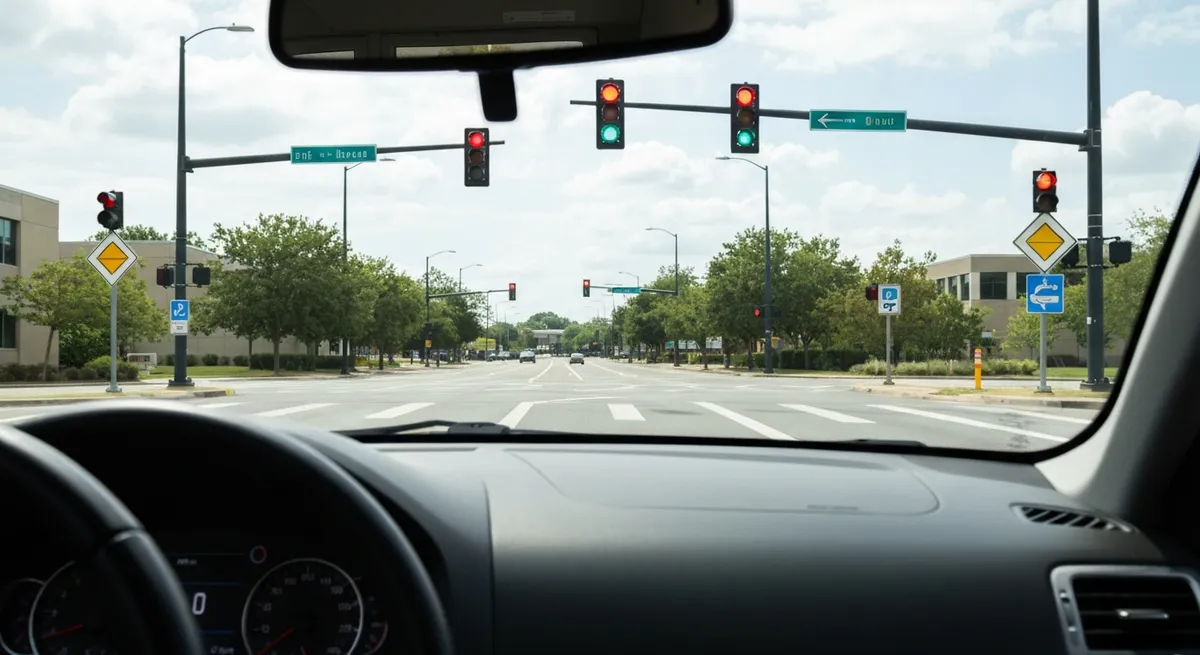 A driver's point-of-view of a complex intersection with multiple traffic lights and blank sign shapes, requiring careful road signs interpretation.