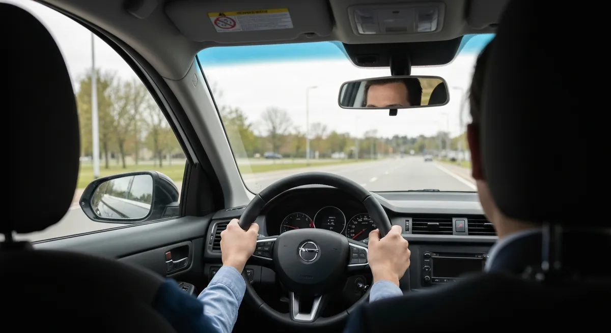 A student's hands firmly on the steering wheel during a driving lesson, a practical step after the DMV permit practice test.