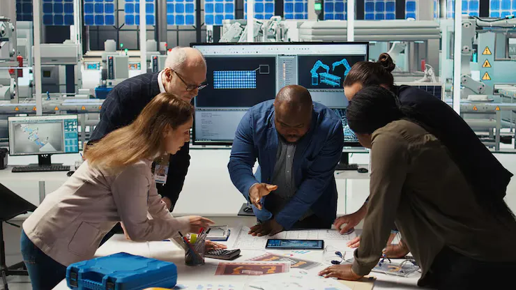 Factory Engineers Refining Production Layouts Using Tablet - Electrical Generating Systems Association Certified study guide