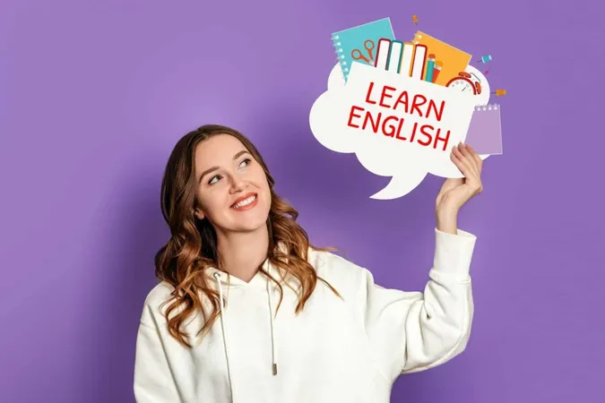 Student Girl Holding Speech Bubble With Text Learn English Isolated Lilac Background X - English Language Skills Assessment study guide