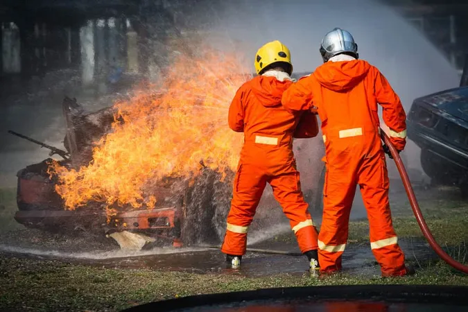 Rear View Firefighters Extinguis - Fire Safety study guide
