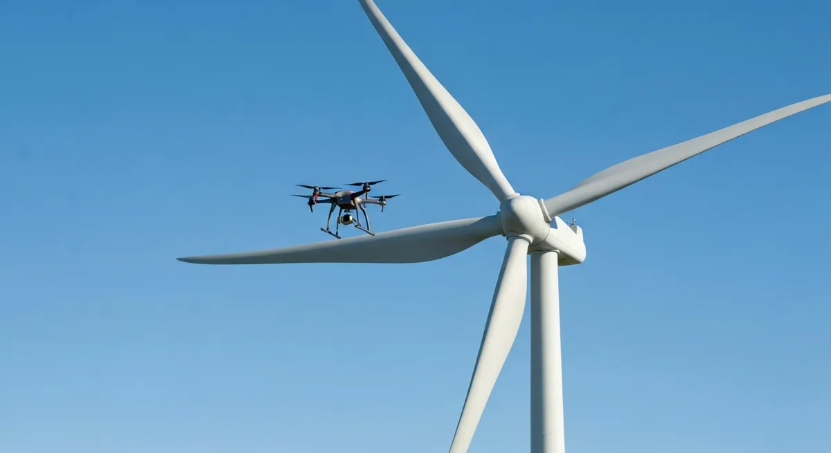 A commercial uav drone hovering near a large wind turbine to perform a detailed aerial inspection.