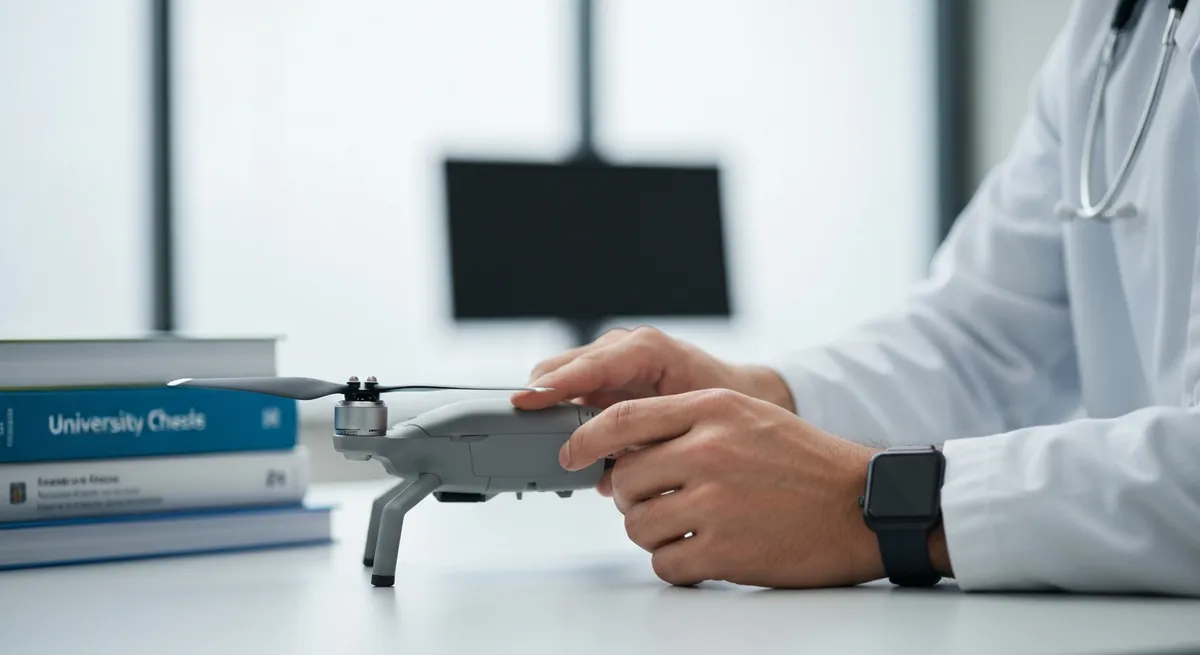 A close-up of a pilot's hands performing a pre-flight inspection on a uav drone's propellers.