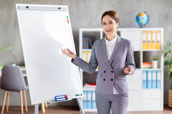 Charming Confident Businesswoman Hold Pointer Teach Lesson Indoors X - Certified General Educational Development Teacher study guide