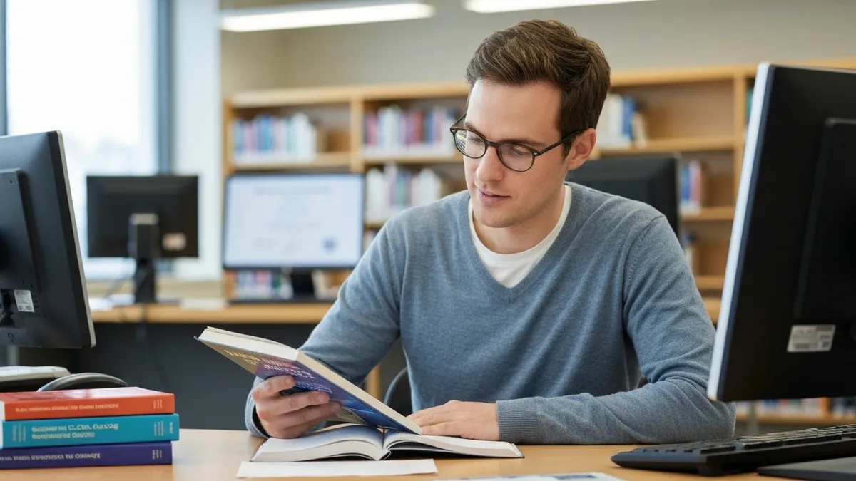 Student studying GED math online with a laptop and printed study materials