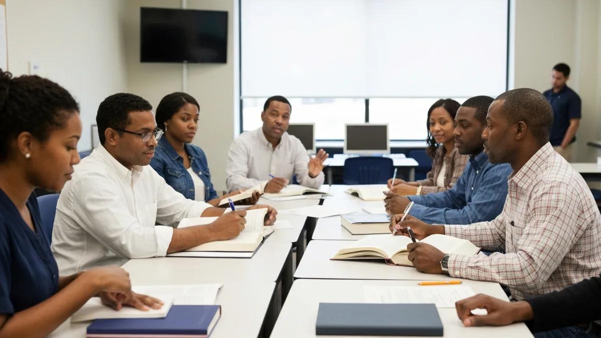 GED student celebrating after passing an online practice test on a tablet