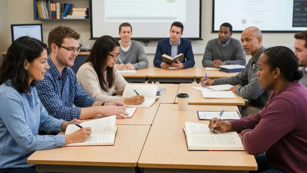 Adults attending a free GED class at a community college adult education center with an instructor at the whiteboard