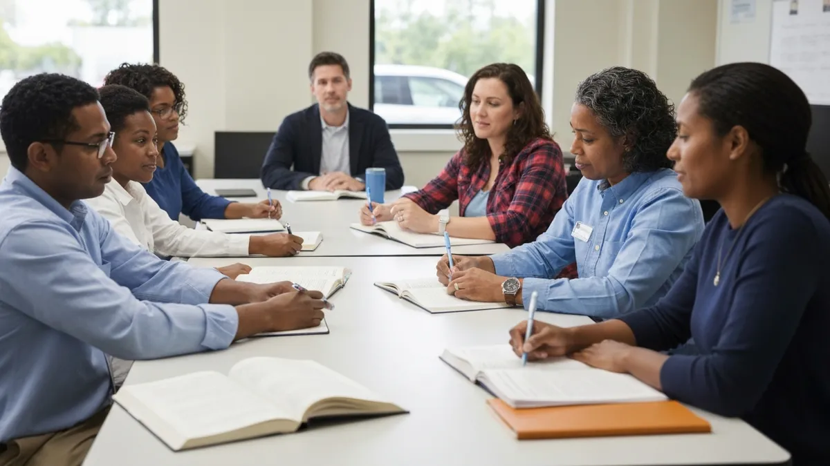 Adult learners attending a free GED preparation class at a community adult education center