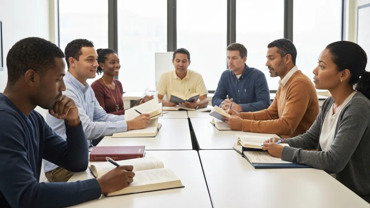 Student studying for the GED online using a tablet and practice test workbooks at a home desk