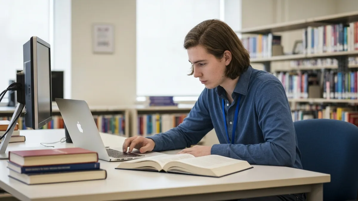 GED student reviewing free online practice test answers on a laptop with handwritten study notes