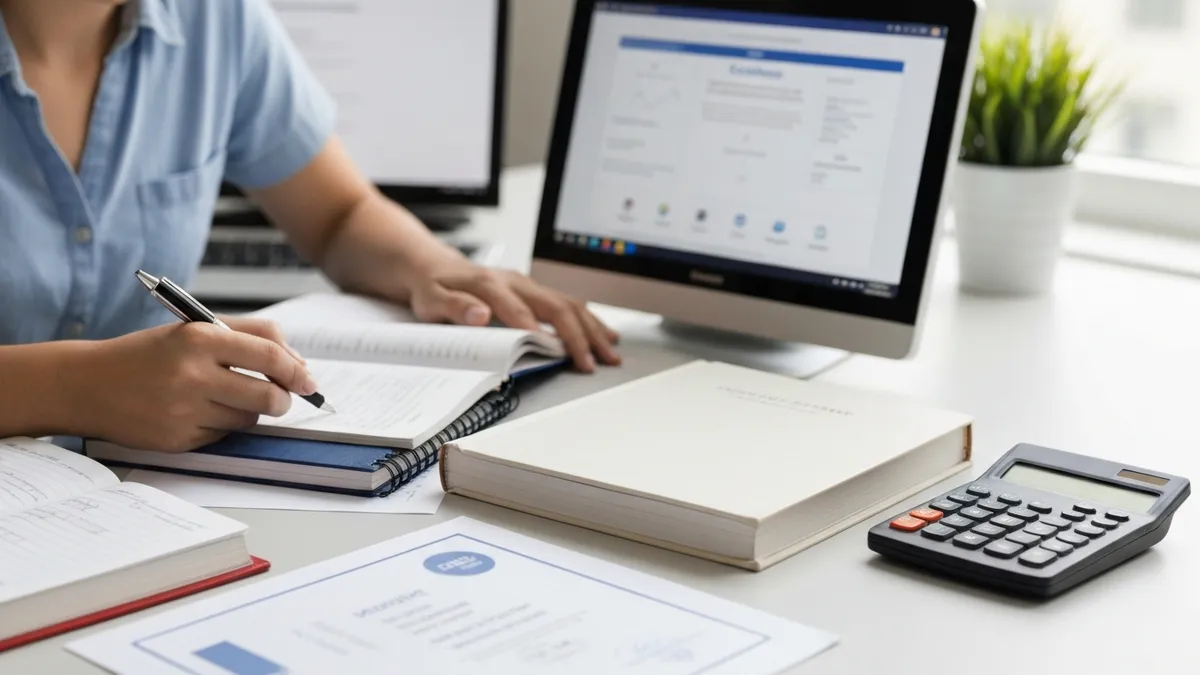 Variety of GED prep books and study guides on a table with highlighted notes and flashcards