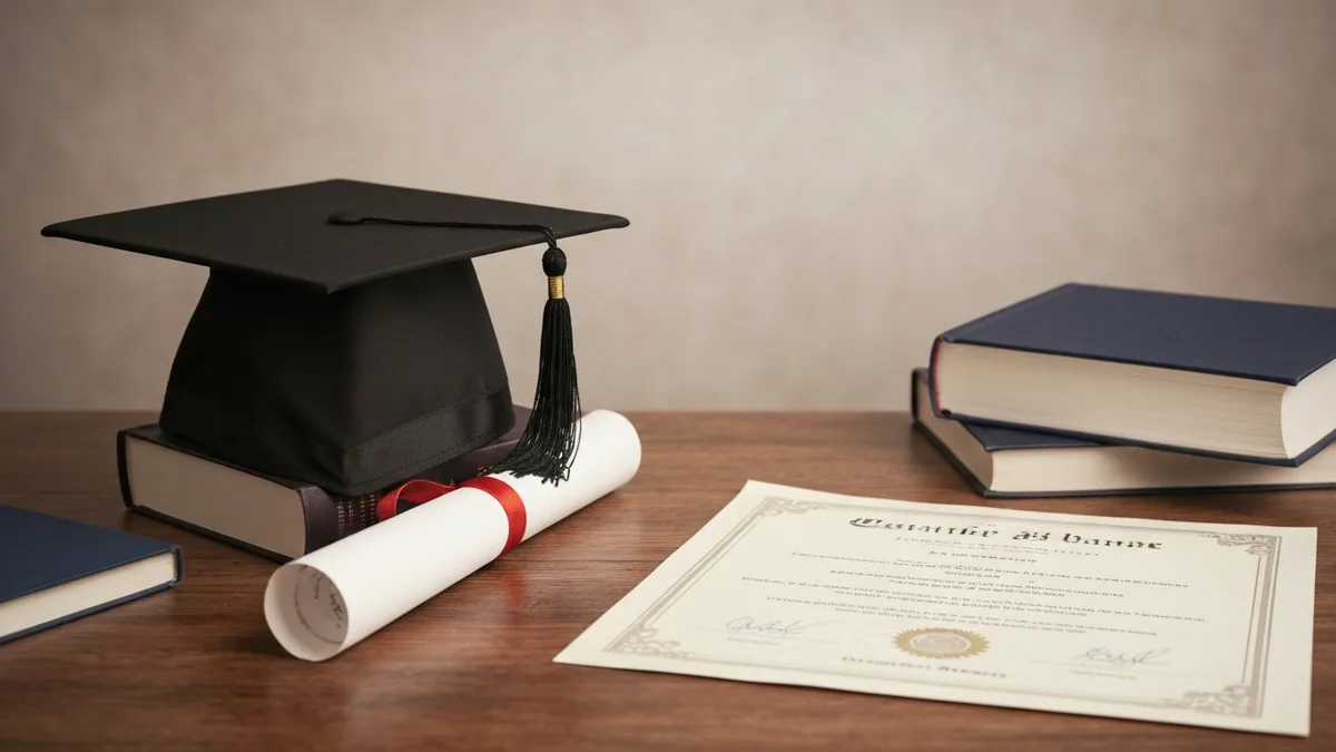 Adult learner reviewing GED study materials on a laptop at home, preparing for the four subject tests
