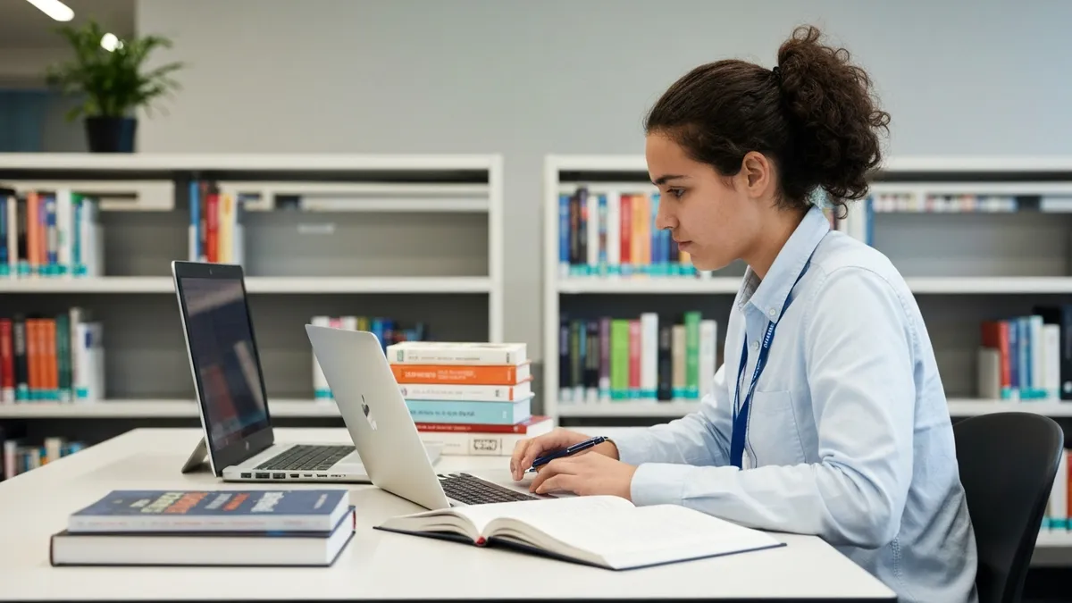 Adult learner sitting at a computer workstation completing the GED exam at an official test center