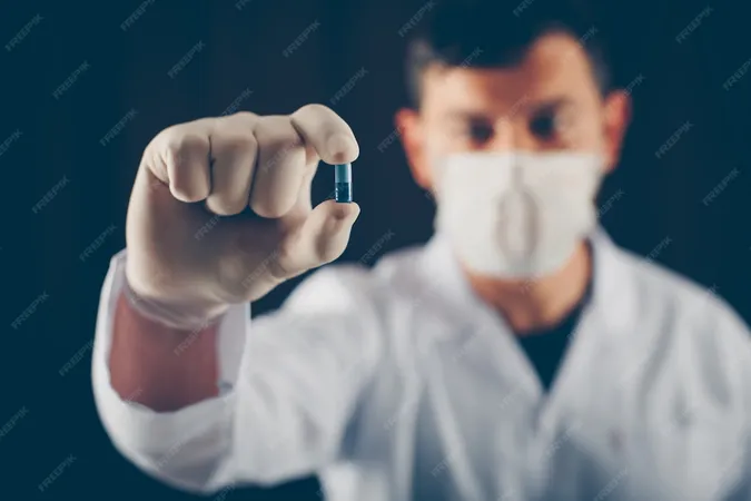 Doctor With Mask Gloves Holding Blue Pill With His Fingers Side View - General study guide