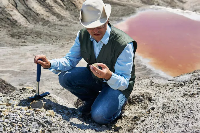 Man Geologist Desert Area Examines Rock Sample Against Backdrop Colored Salt Lake - General study guide
