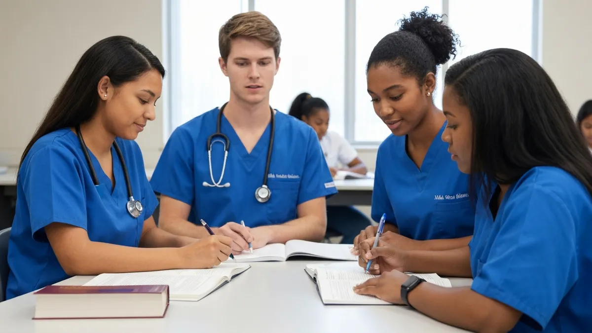 Home health aide training class showing students learning patient care skills with instructor at community college HHA program