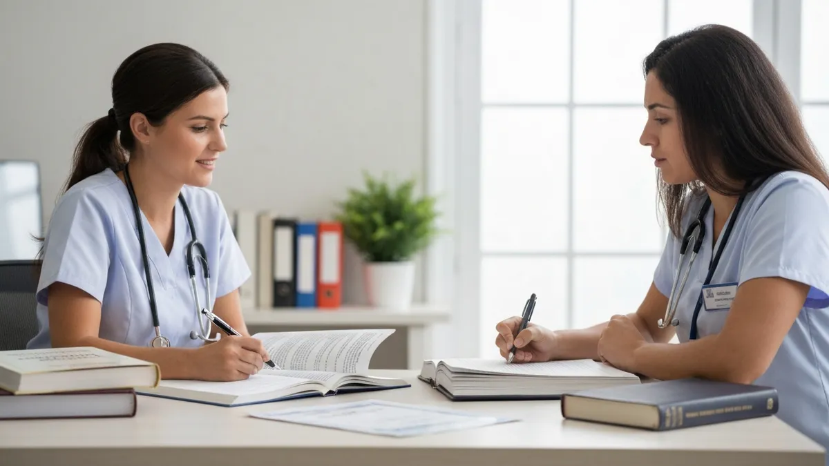 Home health aide performing a patient assessment in a residential setting, checking vitals and documenting care notes