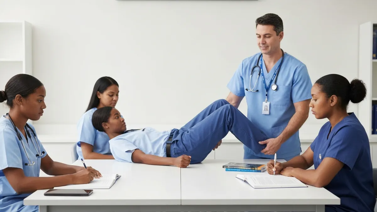 HHA certification training class with instructor demonstrating proper patient transfer technique to students