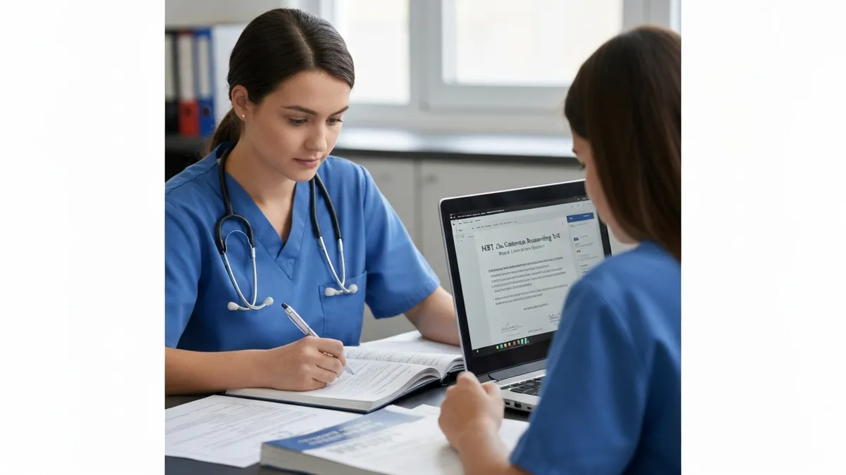 Nursing student working through HSRT critical thinking practice questions on laptop with health sciences assessment materials