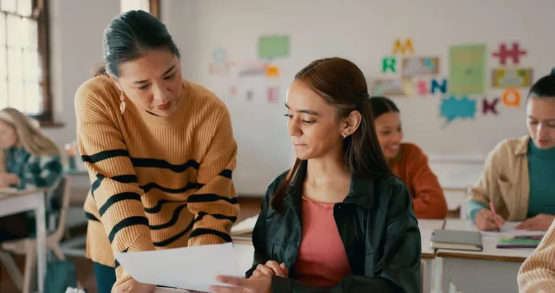 Teacher Test Education With Girl Classroom Learning Entrance Exam Scholarship Helping Knowledge Future With Student High School Solution Studying Problem Solving X - Instructional Aide study guide