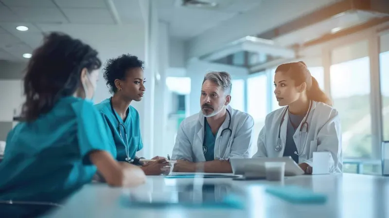 Healthcare Provider Team Discussing Patient Care Treatment Plans Morning X - International Association of Healthcare Central Service Material Manage study guide