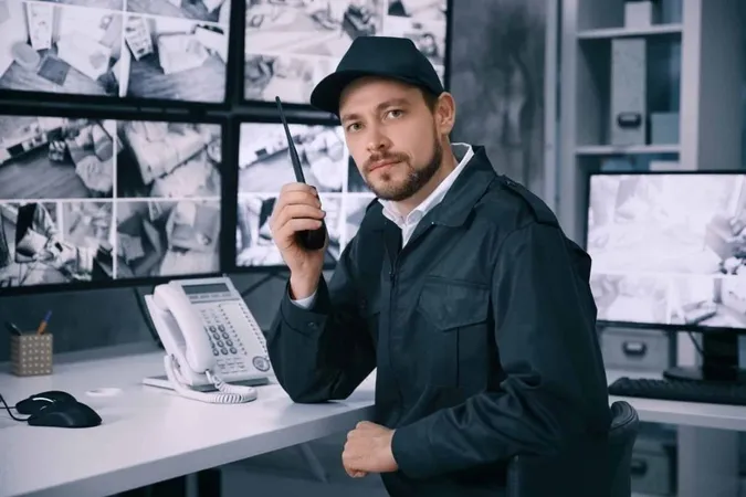 Male Security Guard Using Radio Transmitter Surveillance Room 1 X - Industrial Security Professional Certification study guide