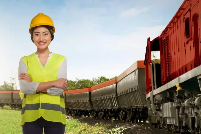 Beautiful Asian Railway Employee Woman Standing Beside Freight Train X - Locomotive Engineer Certification study guide