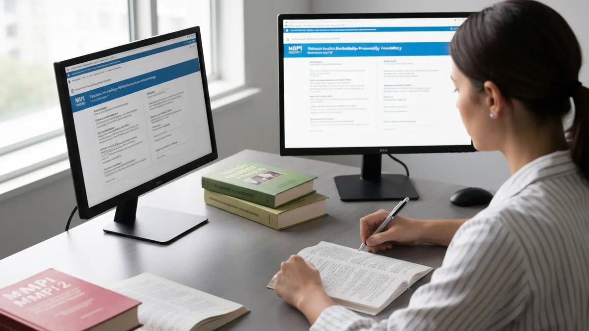 Person completing an MMPI-2 online test on a computer in a clinical psychology evaluation setting