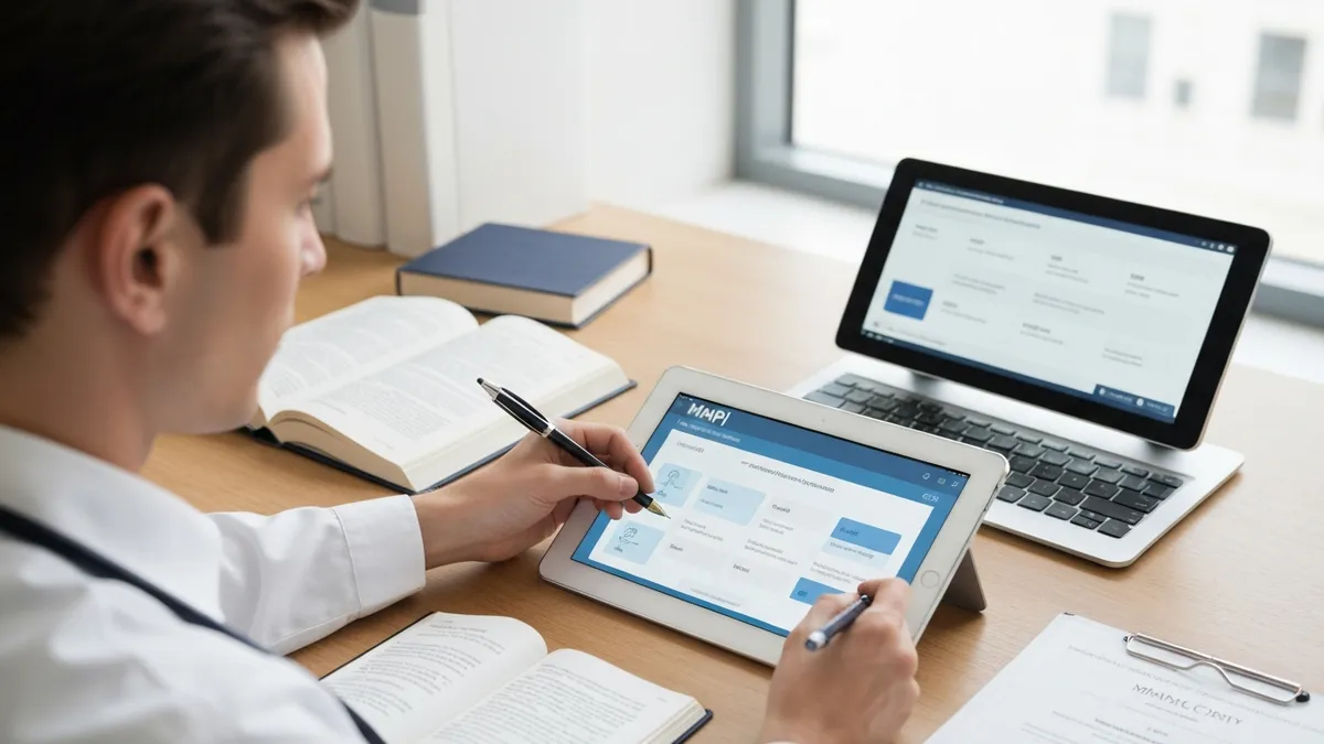 MMPI online assessment being completed on a tablet in a clinical office, showing true-false question interface on screen