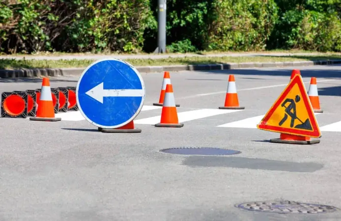 Traffic Signs Orange Cones Line Newly Painted Crosswalk X - Maintenance of Traffic Certification study guide