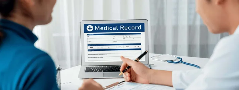 Focused Laptop Display Medical Report Diagnostic Result Patient Health Blurred Background Doctor S Appointment Hospital Medical Consultation Healthcare Treatment Panorama Rigid - Medical Scribe Certification study guide