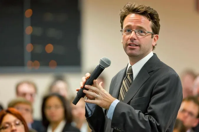 Man Suit Is Giving Speech Front Group People X - Motivational Speaker Certification study guide