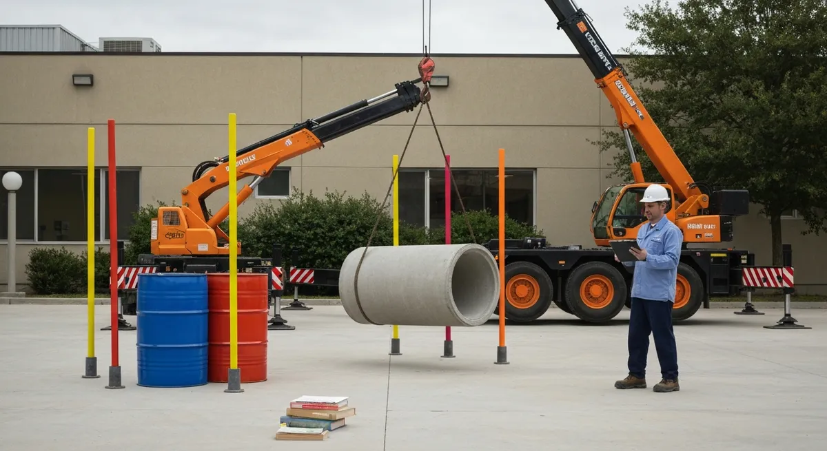 A crane operator trainee carefully maneuvers a load through an obstacle course during a practical certification exam.