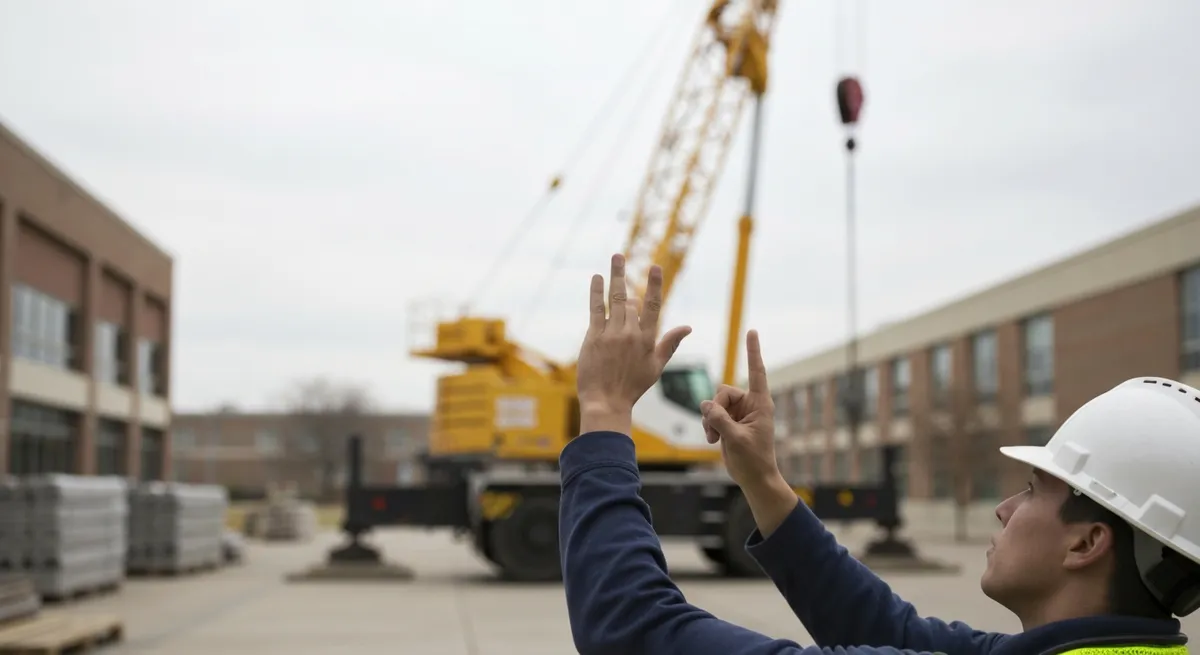 A certified rigger on the ground giving clear hand signals to a crane operator, a key skill for anyone learning how to become a crane operator.