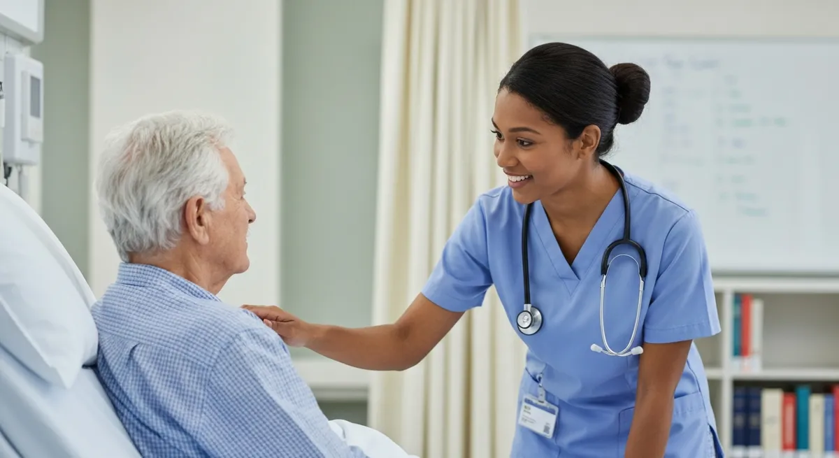A newly licensed registered nurse compassionately talks with an elderly patient, showing the final result of becoming a registered nurse.