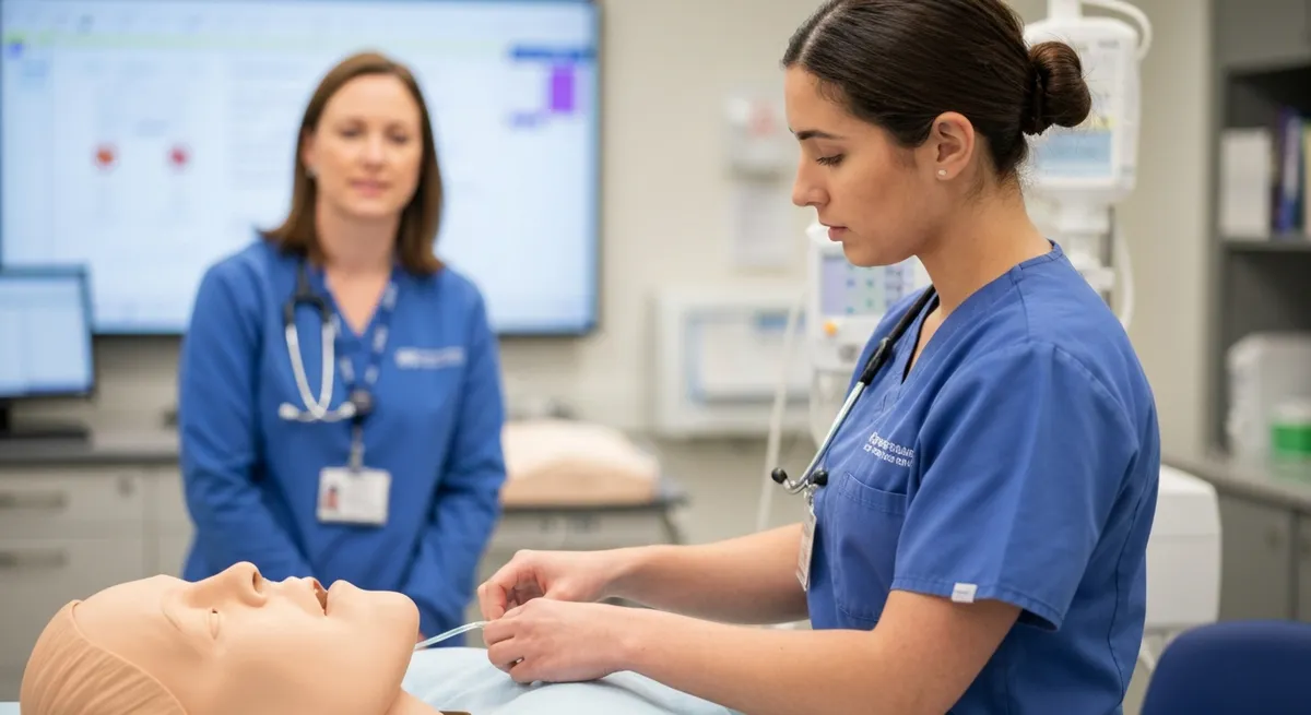 A nursing student practices a procedure on a medical manikin during hands-on clinical training.