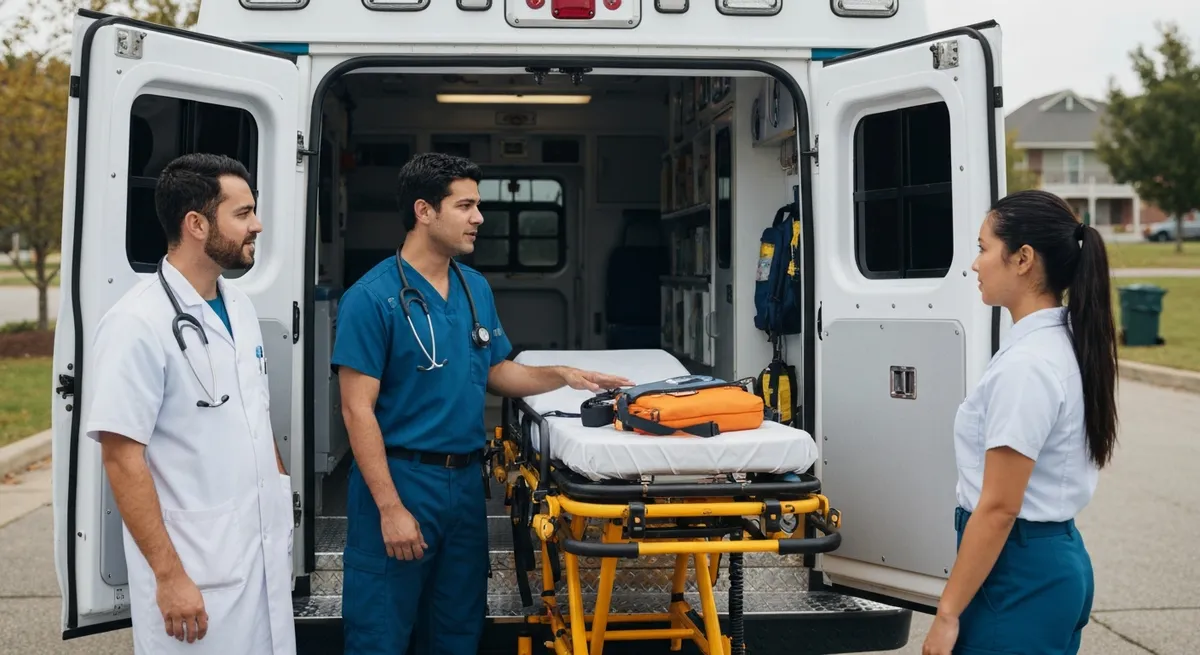 Two diverse EMTs collaborate at the back of an ambulance, discussing the job outlook and potential for how much EMTs make.