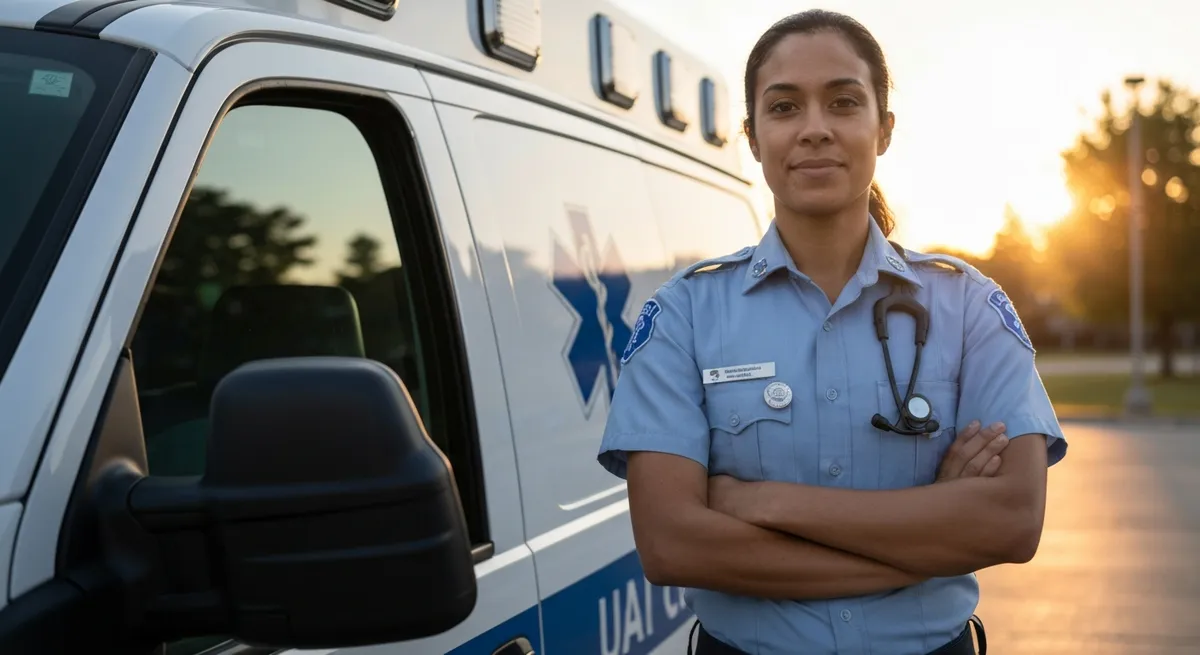 A certified EMT professional stands confidently in front of an ambulance, representing the goal of passing the NREMT exam.