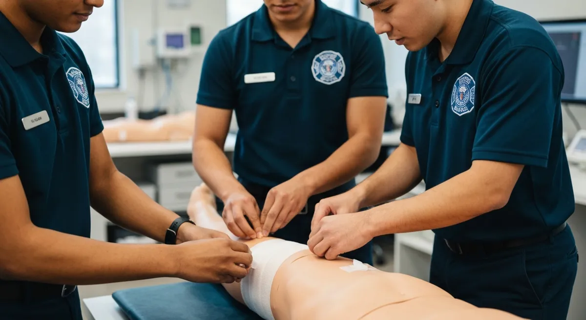 Two EMT trainees practice patient care skills on a manikin as part of their exam preparation.