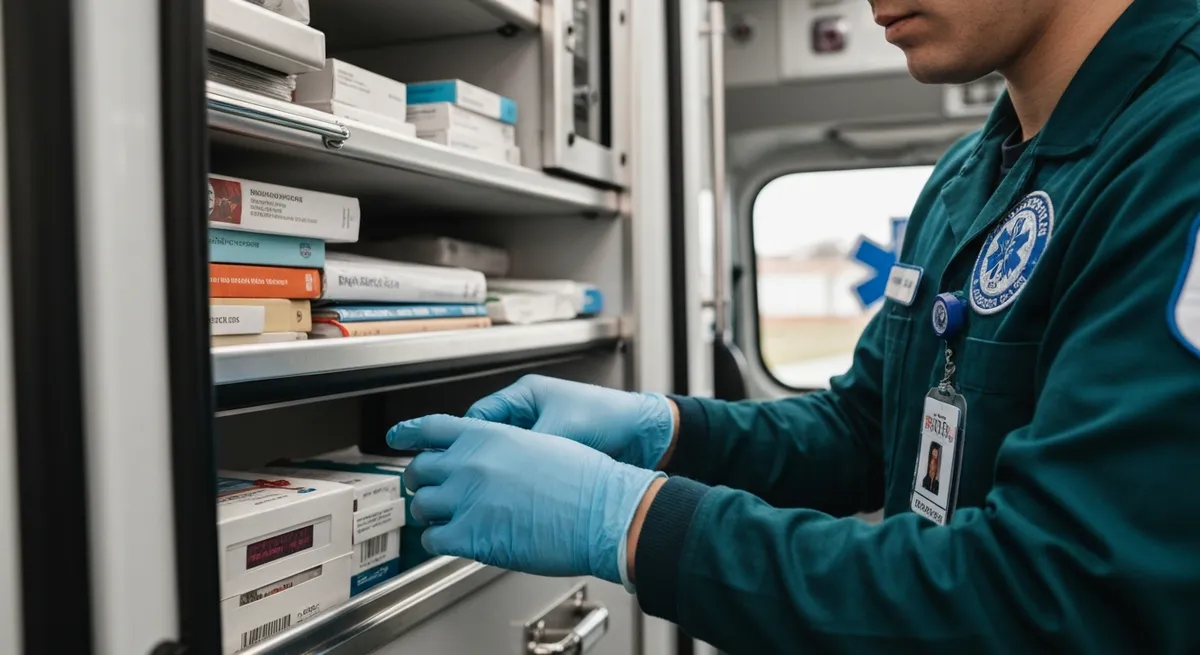 An EMT's gloved hands carefully check medical equipment inside an ambulance, a factor that influences how much EMTs make.
