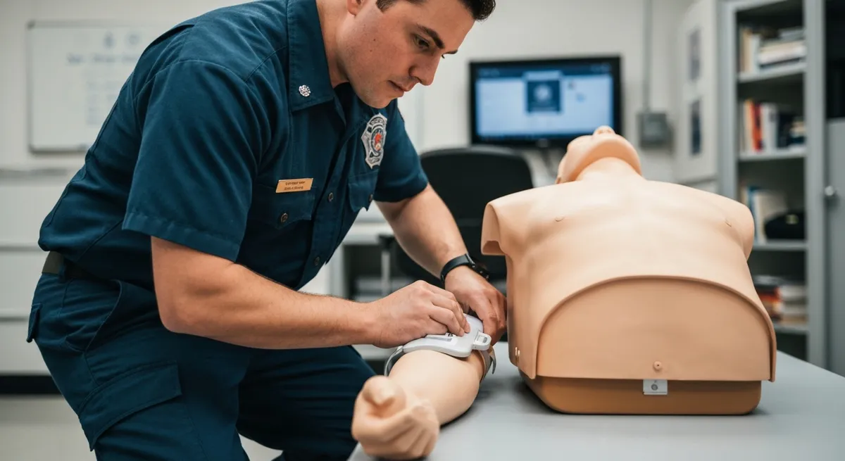 A firefighter-EMT carefully practices a medical procedure on a training mannequin, a skill that impacts firefighter salary.