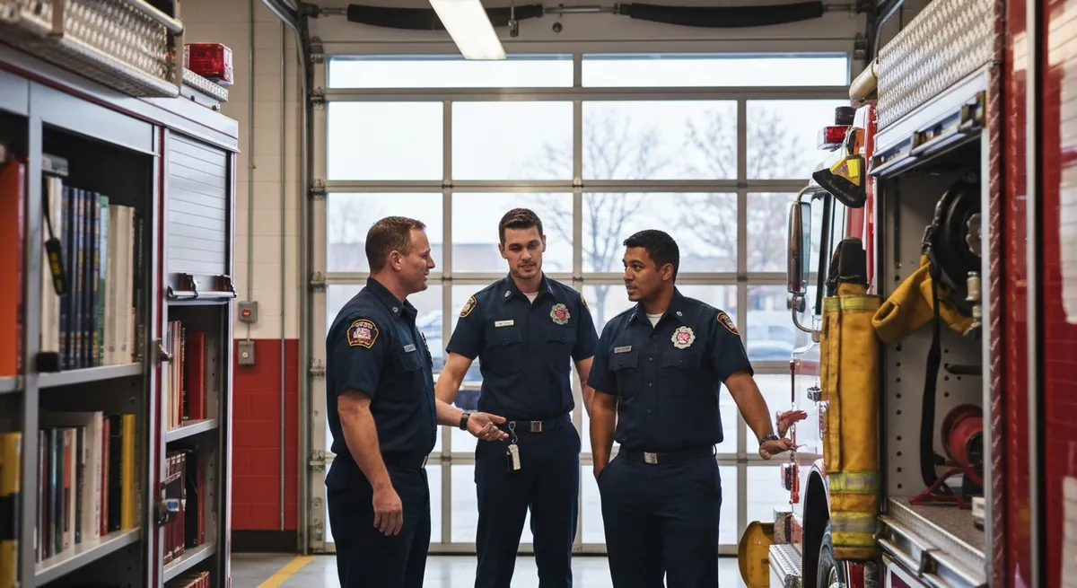 A diverse team of firefighters collaborating in a fire station, an aspect of the career path that determines firefighter salary.
