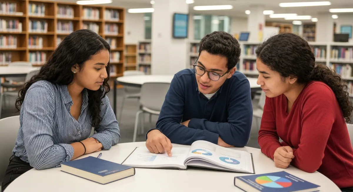 A diverse group of students works together in a library on mcas test preparation materials.