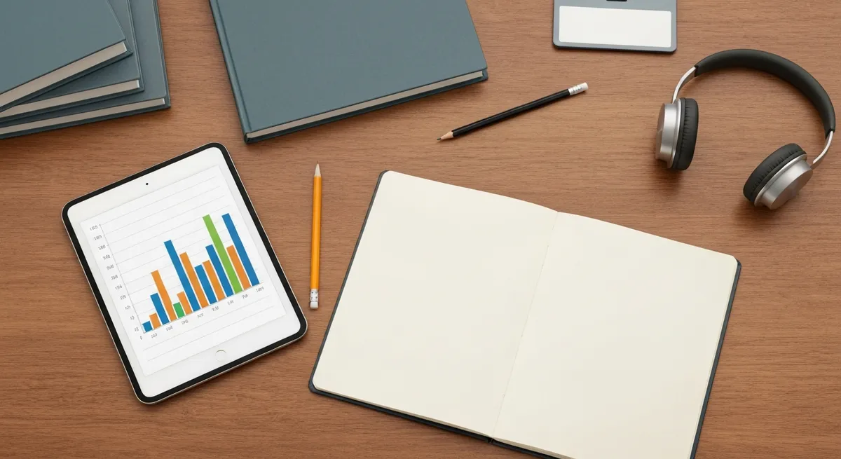 A flat lay of study materials for IAR practice tests, including a tablet and a notebook.