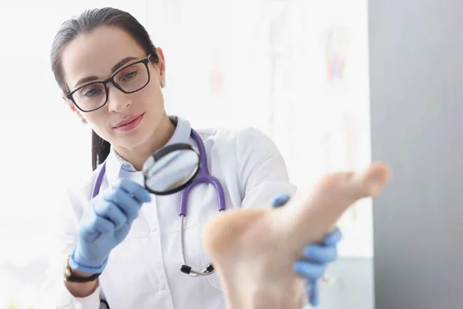 Woman Podiatrist Examining Heel Patient Using Magnifying Glass X - Podiatrist Certification study guide