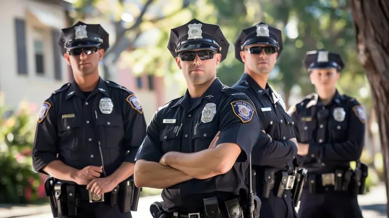 Four Police Officers Uniform Stand Row One With Arms Crossed Rest Attention X - PELLET B Test study guide