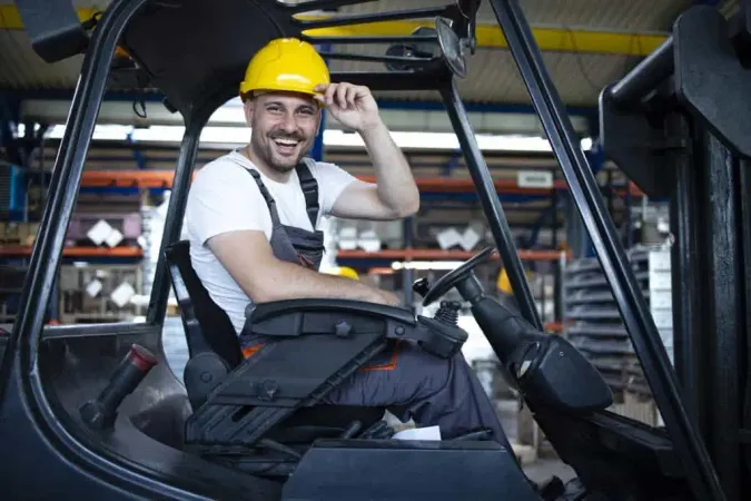 Portrait Smiling Professional Forklift Driver Factory S Warehouse X - Powered Industrial Truck Operator Certification study guide
